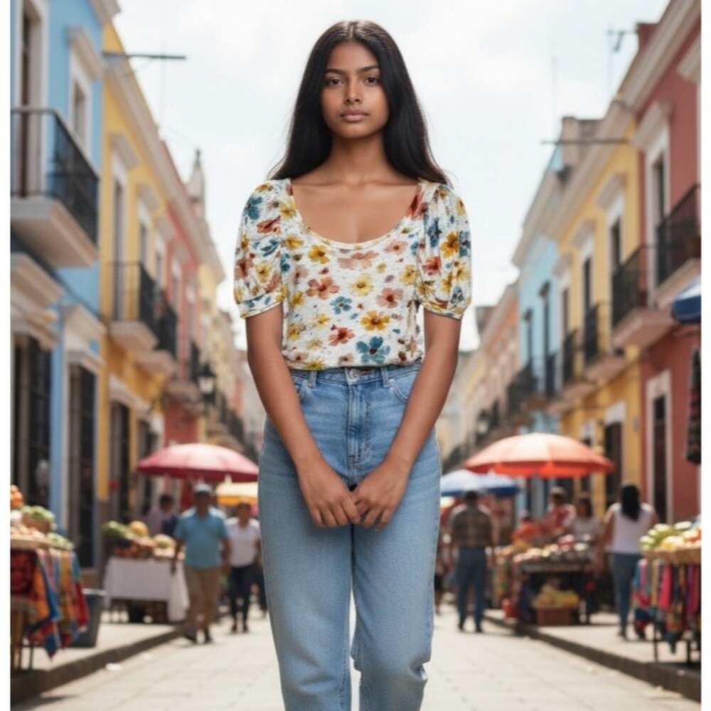 By Anthropologie Floral Puff Sleeve T-Shirt, XS